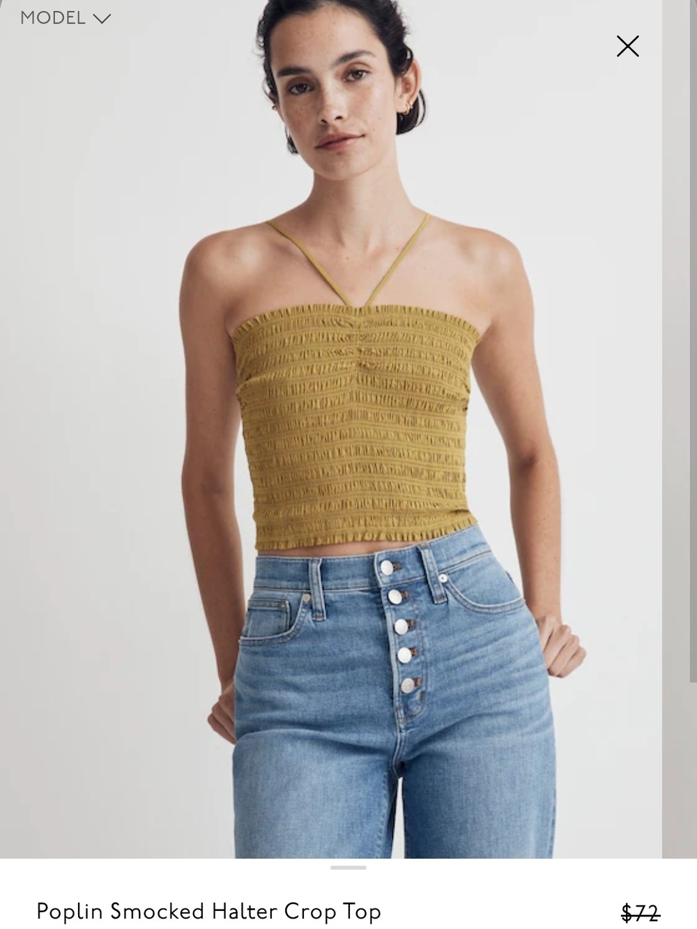 Madewell Olive Smocked Halter Crop Top